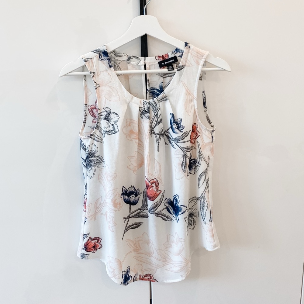 Liquidation Sale: Le Chateau | White and Pink Floral Pleated Sleeveless Top